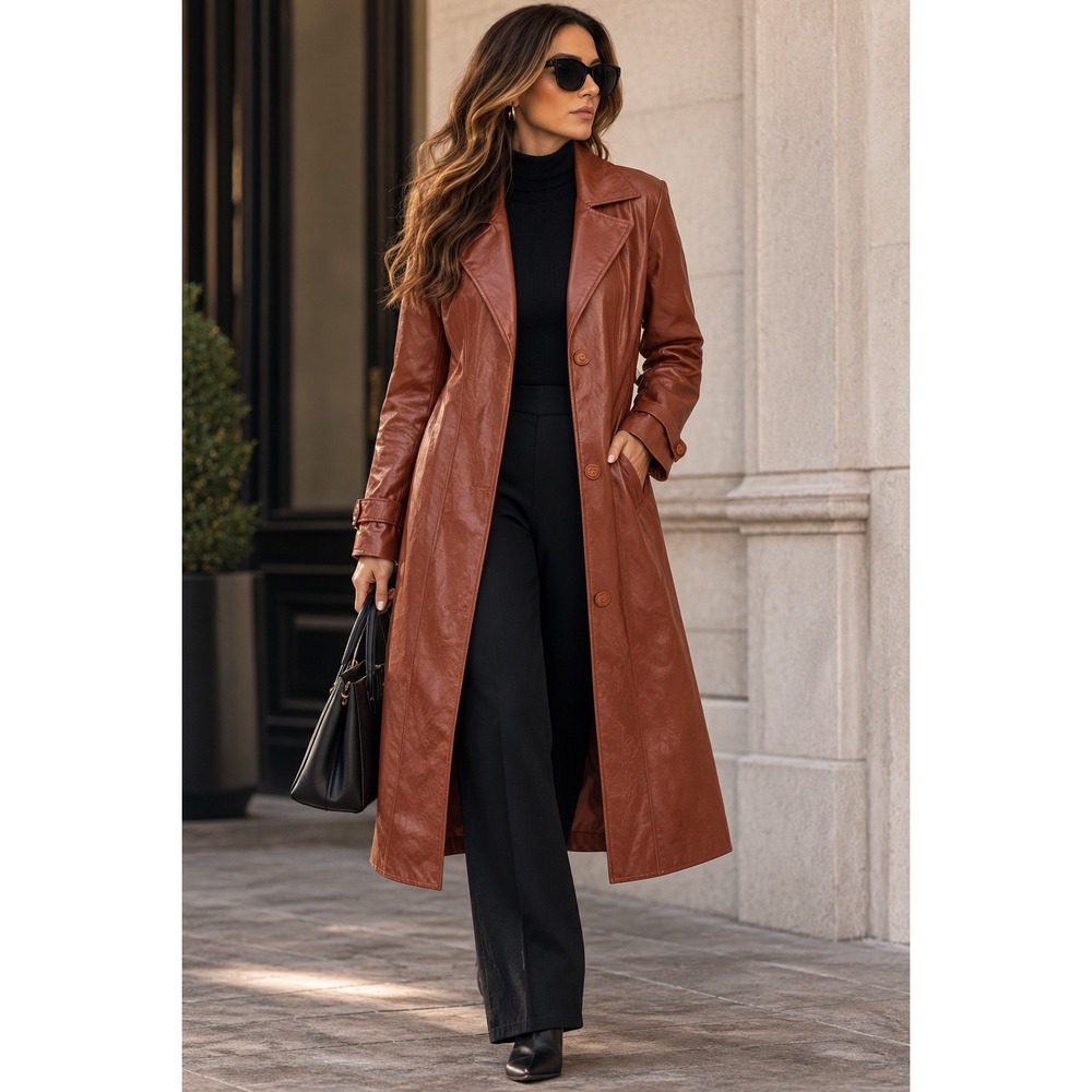 Better Be NWT Cognac Faux Leather Trench Coat Belted Longline Camel L